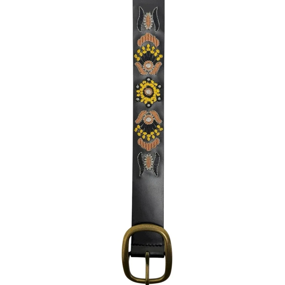 Lucky‎ Brand Women's Small Black Embroidered Multicolor Floral Leather Belt NWT